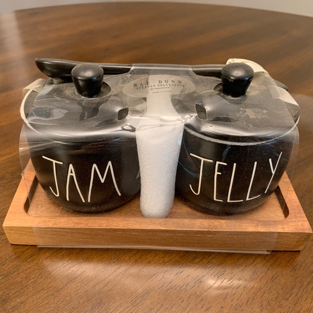 Rae Dunn JAM JELLY Ceramic Container Jars With Lids Serving Spoons & Wood Tray